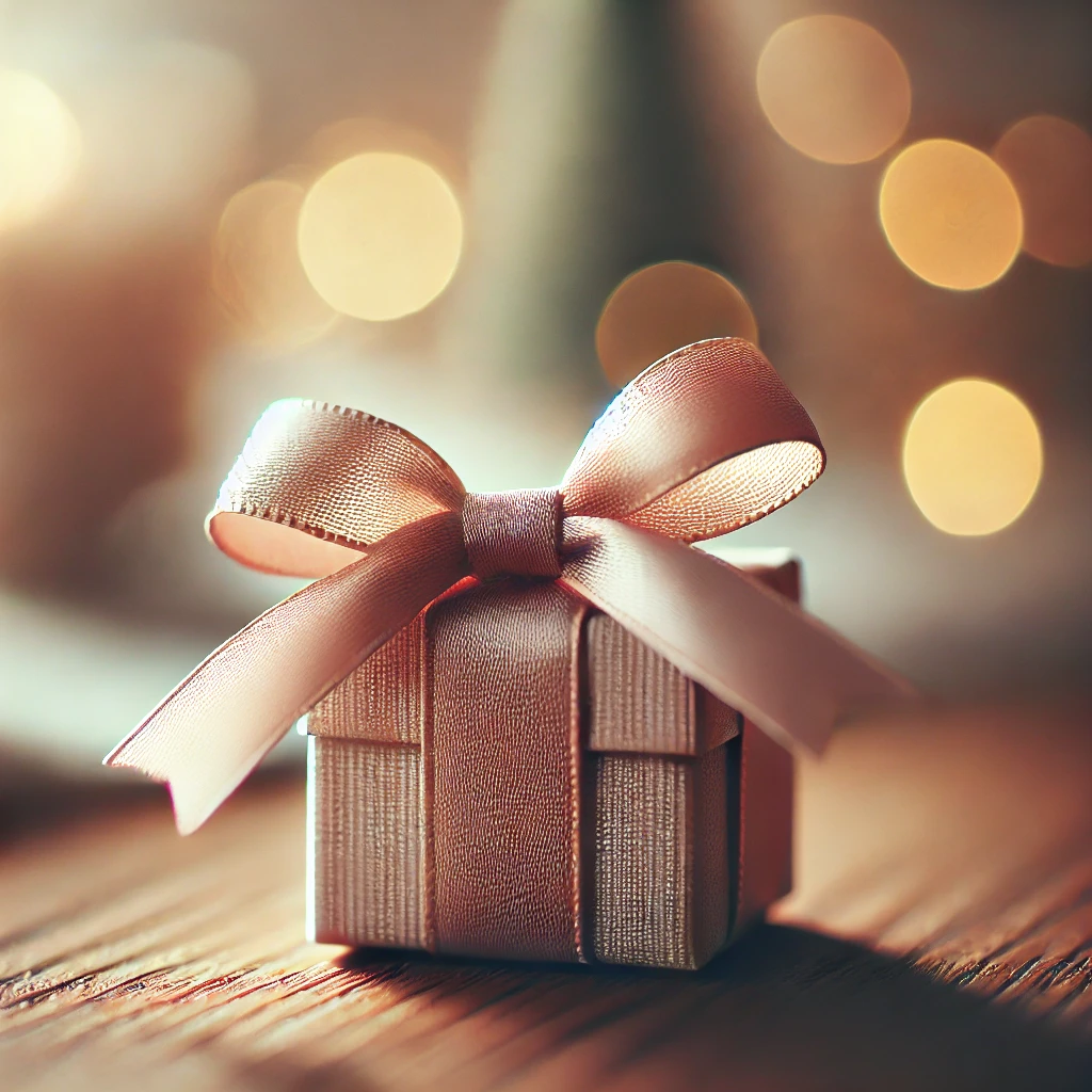 A small elegantly wrapped gift box on a wooden table
